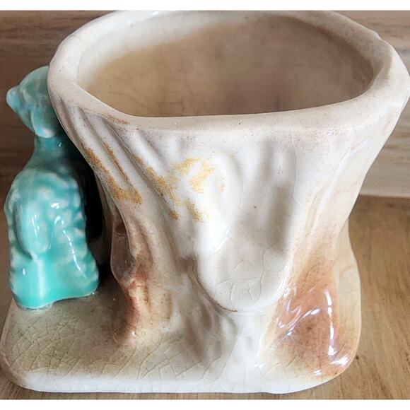 Vintage Morton Pottery Nursery Planter Mint Green Lamb w/ Tree Stump See Pic. - Picture 3 of 10